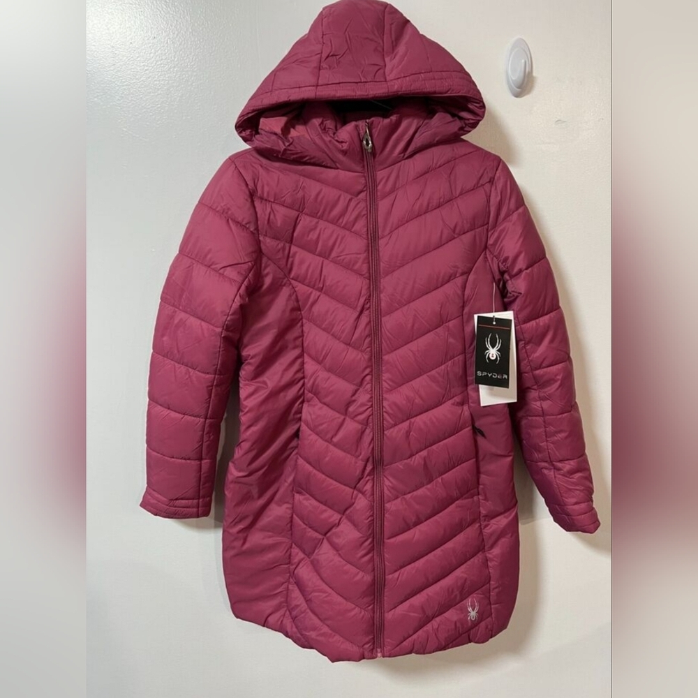 NEW Spyder Womens Red Pink Long Sleeve Hooded Full-Zip Puffer Jacket Size Large